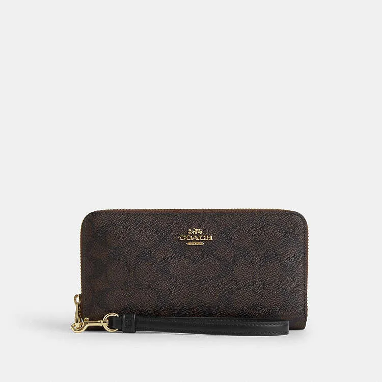 Coach Long Zip Around Wallet In Signature Canvas - Gold/Walnut/Black